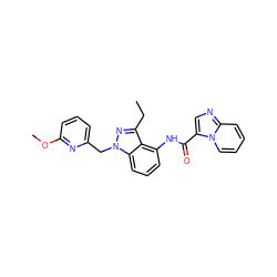 CCc1nn(Cc2cccc(OC)n2)c2cccc(NC(=O)c3cnc4ccccn34)c12 ZINC000117880440