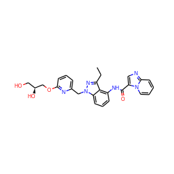 CCc1nn(Cc2cccc(OC[C@@H](O)CO)n2)c2cccc(NC(=O)c3cnc4ccccn34)c12 ZINC000117886305