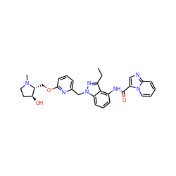 CCc1nn(Cc2cccc(OC[C@@H]3[C@@H](O)CCN3C)n2)c2cccc(NC(=O)c3cnc4ccccn34)c12 ZINC000117896038