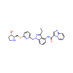 CCc1nn(Cc2cccc(OC[C@H]3NCC[C@@H]3O)n2)c2cccc(NC(=O)c3cnc4ccccn34)c12 ZINC000117890883