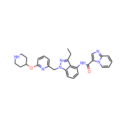 CCc1nn(Cc2cccc(OC3CCNCC3)n2)c2cccc(NC(=O)c3cnc4ccccn34)c12 ZINC000117881427