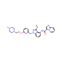 CCc1nn(Cc2cccc(OCCN3CCN(C)CC3)n2)c2cccc(NC(=O)c3cnc4ccccn34)c12 ZINC000117827034