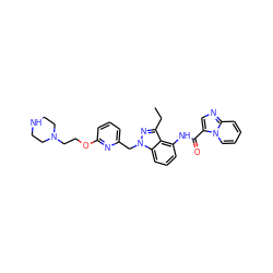 CCc1nn(Cc2cccc(OCCN3CCNCC3)n2)c2cccc(NC(=O)c3cnc4ccccn34)c12 ZINC000169706564