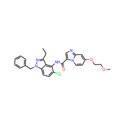 CCc1nn(Cc2ccccc2)c2ccc(Cl)c(NC(=O)c3cnc4cc(OCCOC)ccn34)c12 ZINC000072315538