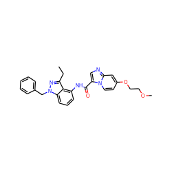 CCc1nn(Cc2ccccc2)c2cccc(NC(=O)c3cnc4cc(OCCOC)ccn34)c12 ZINC000117882945