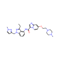 CCc1nn(Cc2ccn(C)n2)c2cccc(NC(=O)c3cnc4cc(OCCN5CCN(C)CC5)ccn34)c12 ZINC000117885190