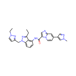 CCc1nn(Cc2ccn(CC)n2)c2cccc(NC(=O)c3cnc4cc(-c5cnn(C)c5)ccn34)c12 ZINC000072315536