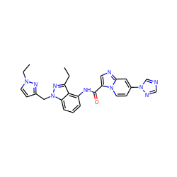 CCc1nn(Cc2ccn(CC)n2)c2cccc(NC(=O)c3cnc4cc(-n5cncn5)ccn34)c12 ZINC000117882050