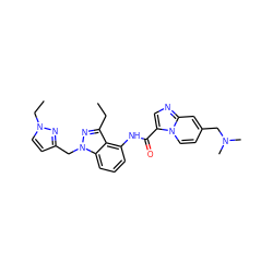 CCc1nn(Cc2ccn(CC)n2)c2cccc(NC(=O)c3cnc4cc(CN(C)C)ccn34)c12 ZINC000117878767