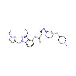 CCc1nn(Cc2ccn(CC)n2)c2cccc(NC(=O)c3cnc4cc(OC5CCN(C)CC5)ccn34)c12 ZINC000169706572