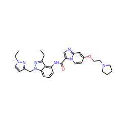 CCc1nn(Cc2ccn(CC)n2)c2cccc(NC(=O)c3cnc4cc(OCCN5CCCC5)ccn34)c12 ZINC000117891541