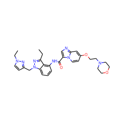 CCc1nn(Cc2ccn(CC)n2)c2cccc(NC(=O)c3cnc4cc(OCCN5CCOCC5)ccn34)c12 ZINC000169706576