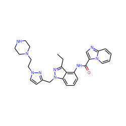 CCc1nn(Cc2ccn(CCN3CCNCC3)n2)c2cccc(NC(=O)c3cnc4ccccn34)c12 ZINC000117894479