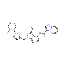 CCc1nn(Cc2cnn([C@@H]3CCNC[C@H]3F)c2)c2cccc(NC(=O)c3cnc4ccccn34)c12 ZINC000117881371