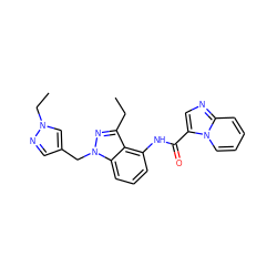 CCc1nn(Cc2cnn(CC)c2)c2cccc(NC(=O)c3cnc4ccccn34)c12 ZINC000117881721