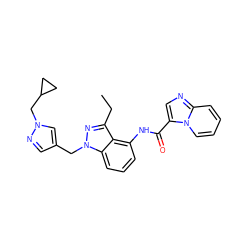 CCc1nn(Cc2cnn(CC3CC3)c2)c2cccc(NC(=O)c3cnc4ccccn34)c12 ZINC000117878747