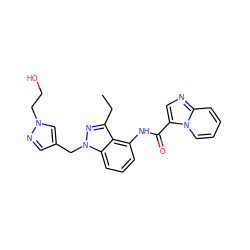 CCc1nn(Cc2cnn(CCO)c2)c2cccc(NC(=O)c3cnc4ccccn34)c12 ZINC000117888344