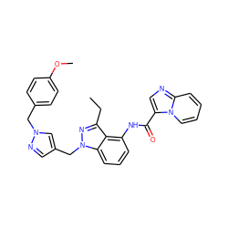 CCc1nn(Cc2cnn(Cc3ccc(OC)cc3)c2)c2cccc(NC(=O)c3cnc4ccccn34)c12 ZINC000117884396