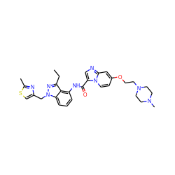 CCc1nn(Cc2csc(C)n2)c2cccc(NC(=O)c3cnc4cc(OCCN5CCN(C)CC5)ccn34)c12 ZINC000117887971