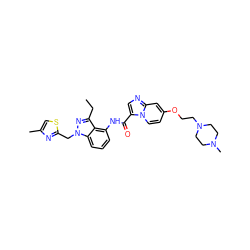 CCc1nn(Cc2nc(C)cs2)c2cccc(NC(=O)c3cnc4cc(OCCN5CCN(C)CC5)ccn34)c12 ZINC000117878407