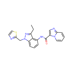 CCc1nn(Cc2nccs2)c2cccc(NC(=O)c3cnc4ccccn34)c12 ZINC000117894647