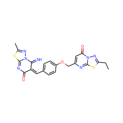 CCc1nn2c(=O)cc(COc3ccc(/C=C4\C(=N)N5N=C(C)SC5=NC4=O)cc3)nc2s1 ZINC000013574689