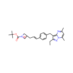 CCc1nn2c(C)cc(C)nc2c1Cc1ccc(/C=C/CC2(O)CN(C(=O)OC(C)(C)C)C2)cc1 ZINC000144204363