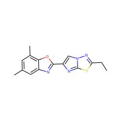 CCc1nn2cc(-c3nc4cc(C)cc(C)c4o3)nc2s1 ZINC000653668781