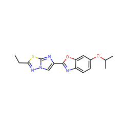 CCc1nn2cc(-c3nc4ccc(OC(C)C)cc4o3)nc2s1 ZINC000653667574