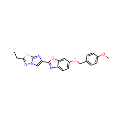 CCc1nn2cc(-c3nc4ccc(OCc5ccc(OC)cc5)cc4o3)nc2s1 ZINC000653667560