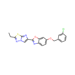 CCc1nn2cc(-c3nc4ccc(OCc5cccc(Cl)c5)cc4o3)nc2s1 ZINC000653684764