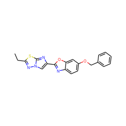 CCc1nn2cc(-c3nc4ccc(OCc5ccccc5)cc4o3)nc2s1 ZINC000653767486