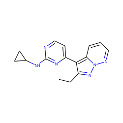 CCc1nn2ncccc2c1-c1ccnc(NC2CC2)n1 ZINC000034371768