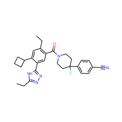 CCc1nnc(-c2cc(C(=O)N3CCC(F)(c4ccc(C#N)cc4)CC3)c(CC)cc2C2CCC2)[nH]1 ZINC000150271515