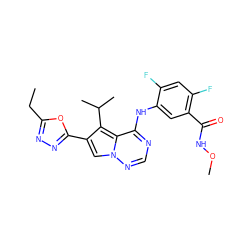 CCc1nnc(-c2cn3ncnc(Nc4cc(C(=O)NOC)c(F)cc4F)c3c2C(C)C)o1 ZINC000013645314