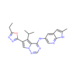 CCc1nnc(-c2cn3ncnc(Nc4cnc5[nH]c(C)cc5c4)c3c2C(C)C)o1 ZINC000029047420