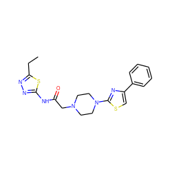 CCc1nnc(NC(=O)CN2CCN(c3nc(-c4ccccc4)cs3)CC2)s1 ZINC000095545693