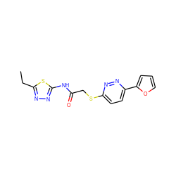 CCc1nnc(NC(=O)CSc2ccc(-c3ccco3)nn2)s1 ZINC000004357886