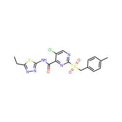 CCc1nnc(NC(=O)c2nc(S(=O)(=O)Cc3ccc(C)cc3)ncc2Cl)s1 ZINC000008613825