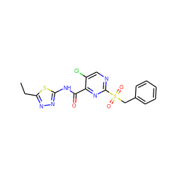 CCc1nnc(NC(=O)c2nc(S(=O)(=O)Cc3ccccc3)ncc2Cl)s1 ZINC000008917169