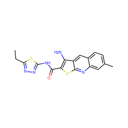 CCc1nnc(NC(=O)c2sc3nc4cc(C)ccc4cc3c2N)s1 ZINC000004125262