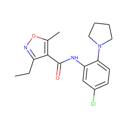 CCc1noc(C)c1C(=O)Nc1cc(Cl)ccc1N1CCCC1 ZINC000012522553