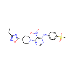 CCc1noc(C2CCN(c3ncnc(Nc4ccc(S(C)(=O)=O)cc4)c3[N+](=O)[O-])CC2)n1 ZINC000040379723