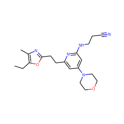 CCc1oc(CCc2cc(N3CCOCC3)cc(NCCC#N)n2)nc1C ZINC000043075134