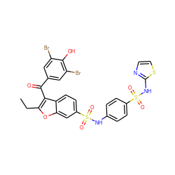 CCc1oc2cc(S(=O)(=O)Nc3ccc(S(=O)(=O)Nc4nccs4)cc3)ccc2c1C(=O)c1cc(Br)c(O)c(Br)c1 ZINC000095544211