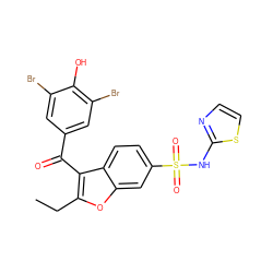 CCc1oc2cc(S(=O)(=O)Nc3nccs3)ccc2c1C(=O)c1cc(Br)c(O)c(Br)c1 ZINC000049762484