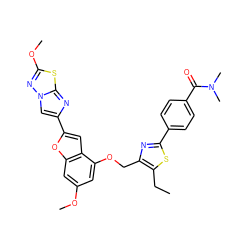 CCc1sc(-c2ccc(C(=O)N(C)C)cc2)nc1COc1cc(OC)cc2oc(-c3cn4nc(OC)sc4n3)cc12 ZINC000223004418