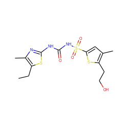 CCc1sc(NC(=O)NS(=O)(=O)c2cc(C)c(CCO)s2)nc1C ZINC000045368227