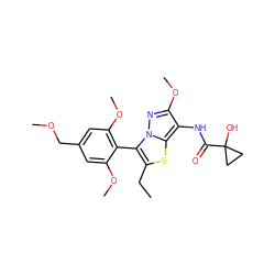 CCc1sc2c(NC(=O)C3(O)CC3)c(OC)nn2c1-c1c(OC)cc(COC)cc1OC ZINC000169685050