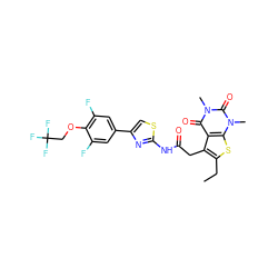 CCc1sc2c(c1CC(=O)Nc1nc(-c3cc(F)c(OCC(F)(F)F)c(F)c3)cs1)c(=O)n(C)c(=O)n2C ZINC000139420145